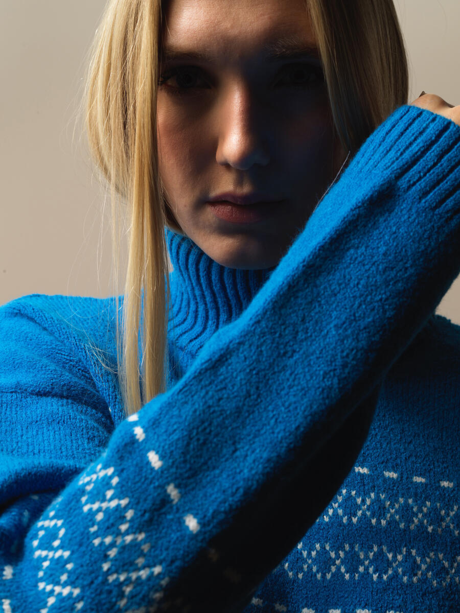 Mavi Doğal Yün Dokulu Oversize Kazak - 3