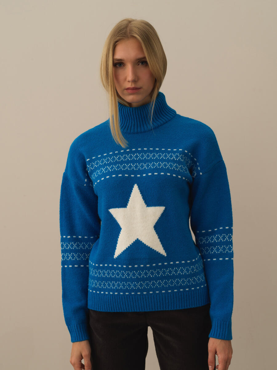 Mavi Doğal Yün Dokulu Oversize Kazak