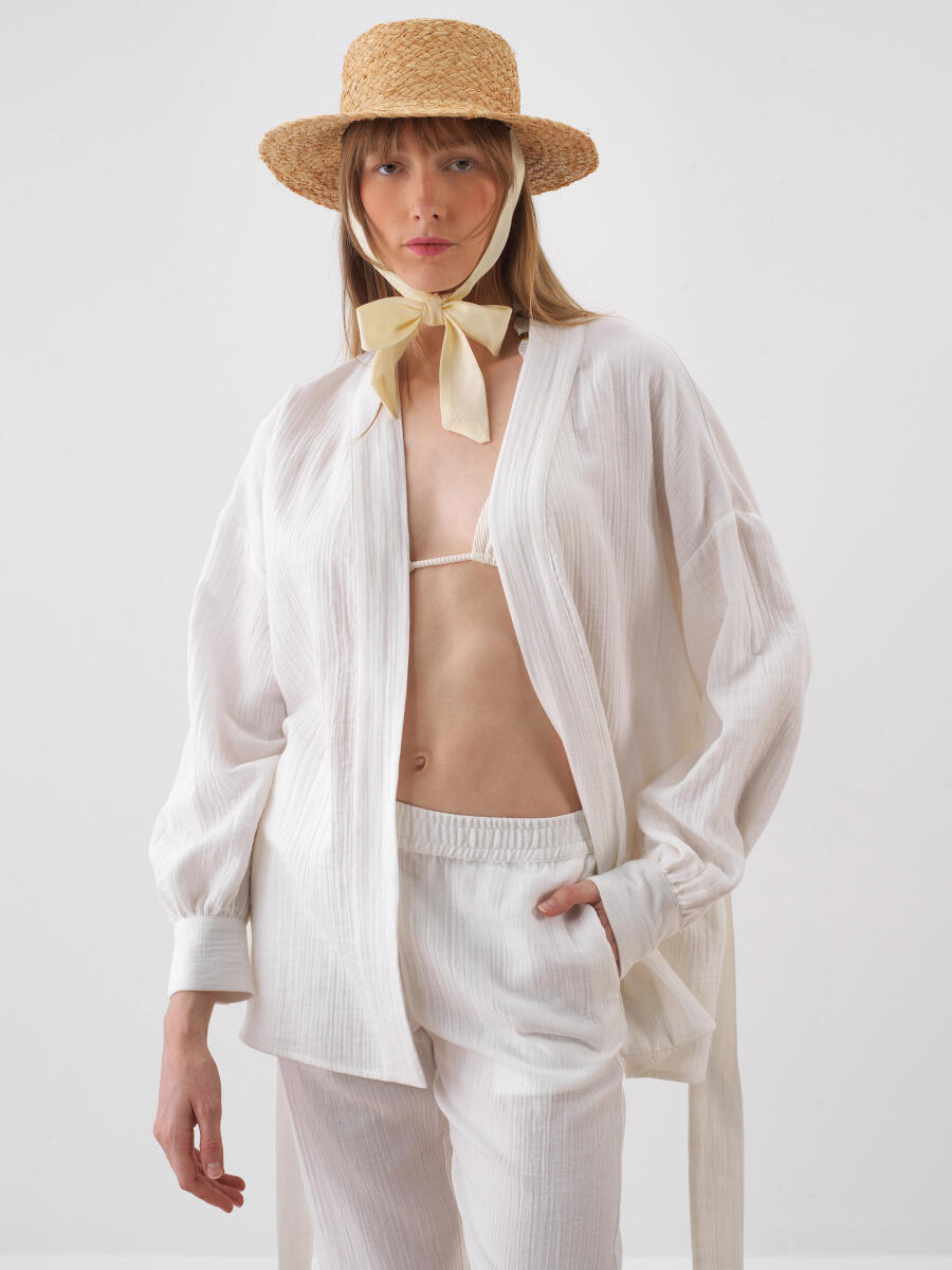 Beyaz Oversize Pamuklu Kimono