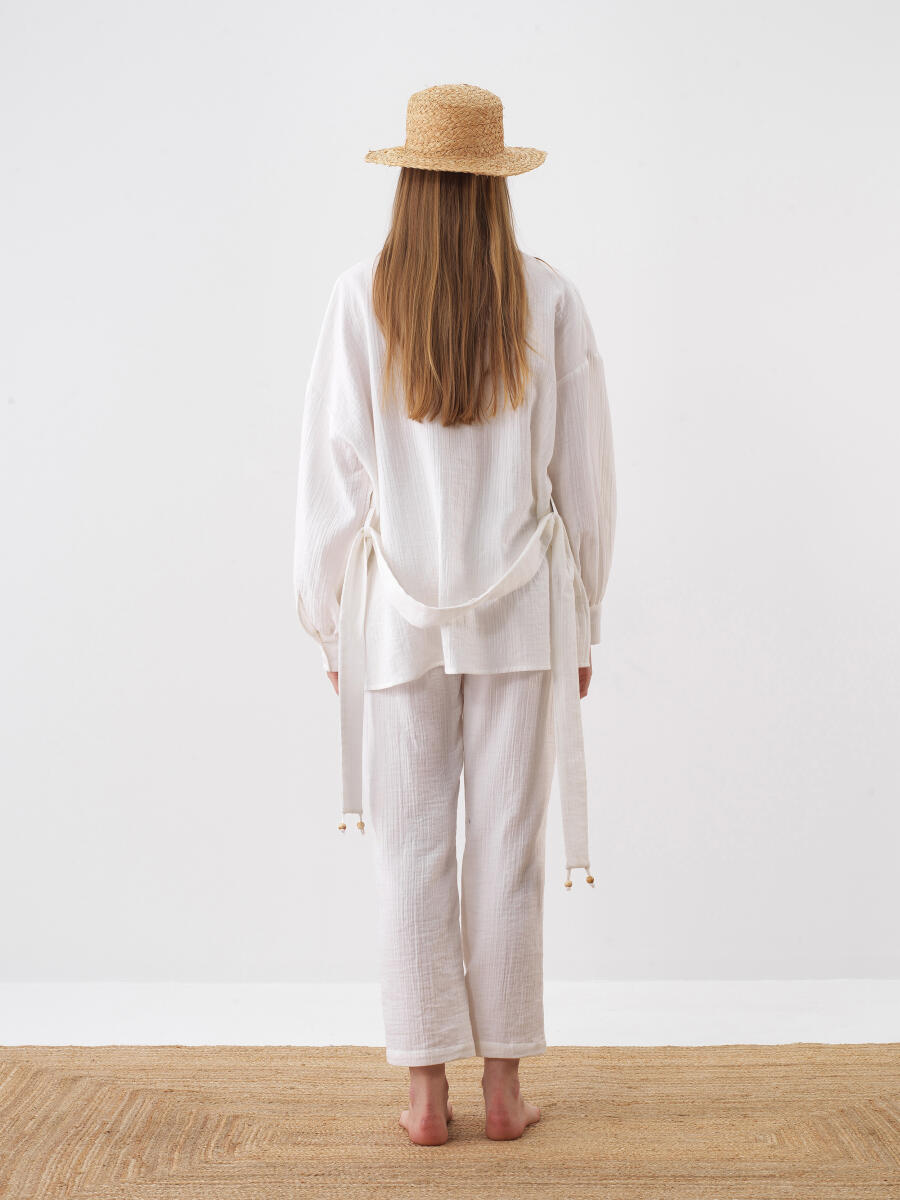 Beyaz Oversize Pamuklu Kimono - 6