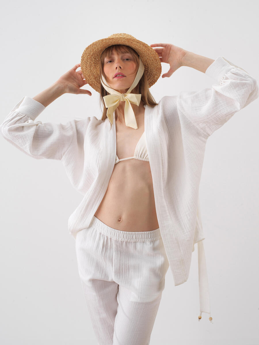 Beyaz Oversize Pamuklu Kimono - 4