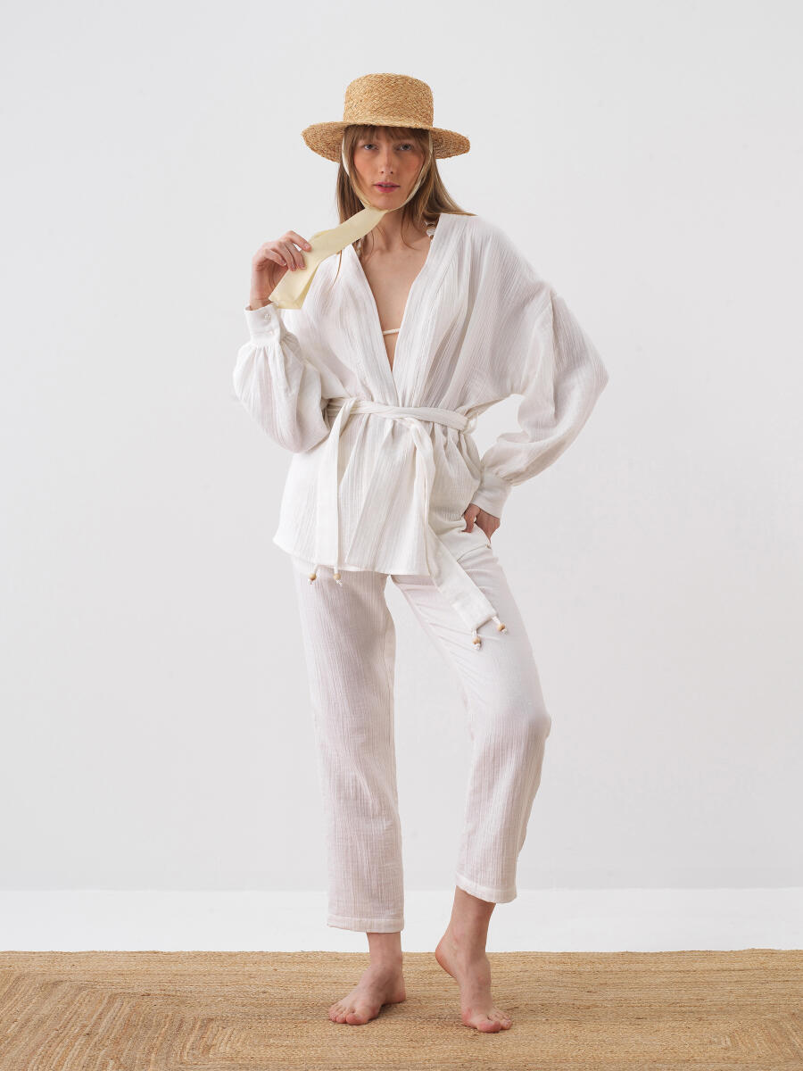 Beyaz Oversize Pamuklu Kimono - 2