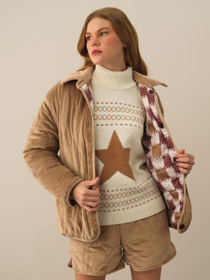 Camel Esnek Dokulu Oversize Mont - Xint