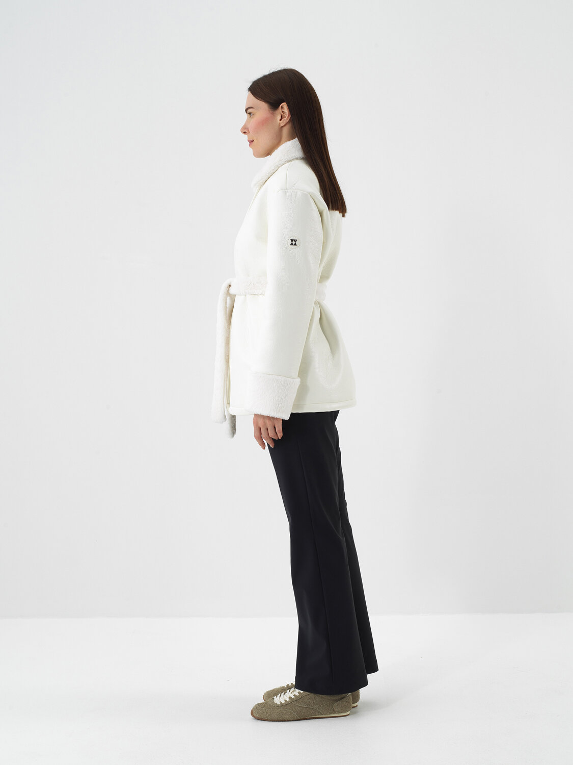 Ekru Deri Görünümlü Oversize Mont - Xint