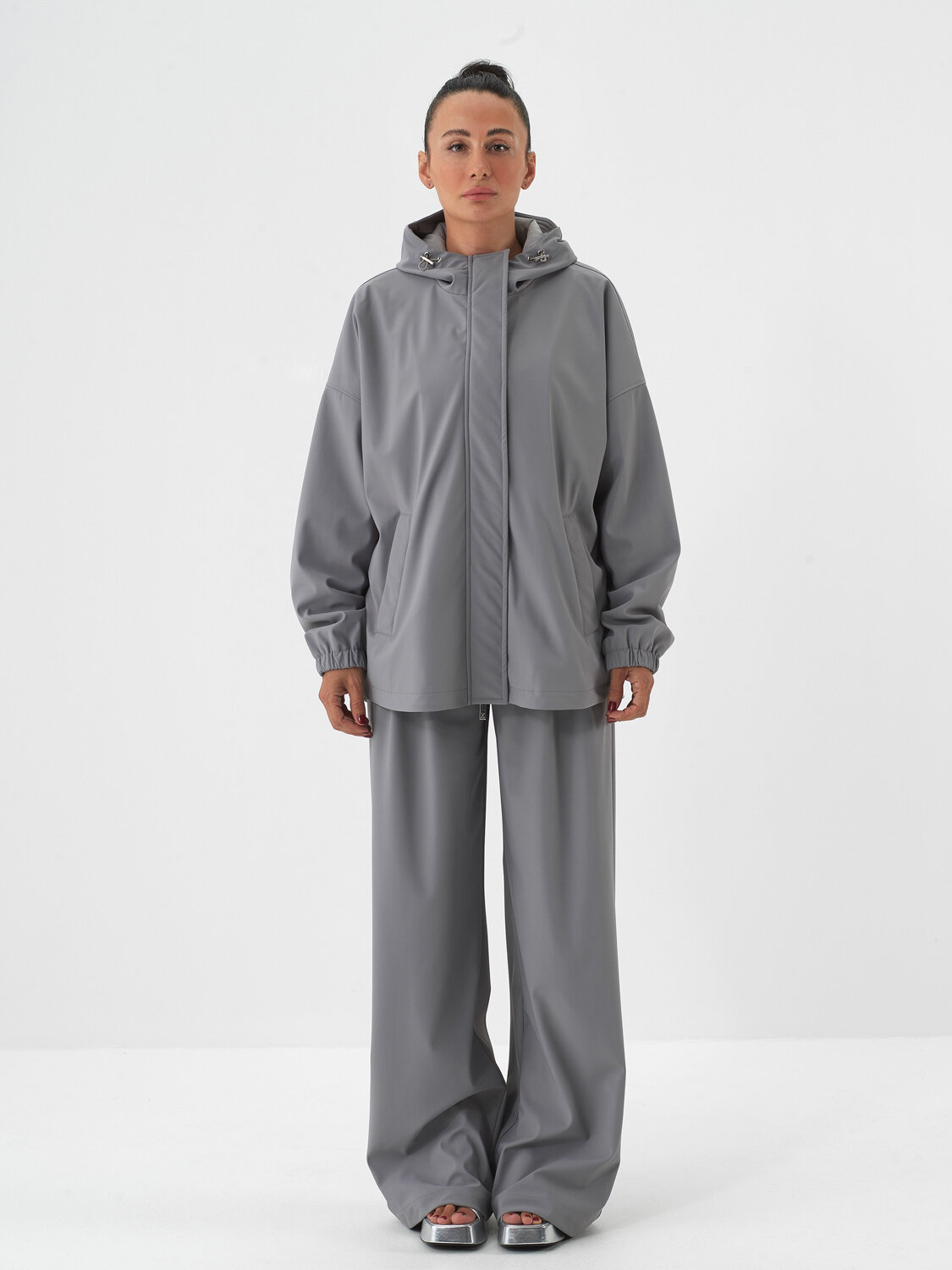 Gri Esnek Dokulu Oversize Mont - Xint