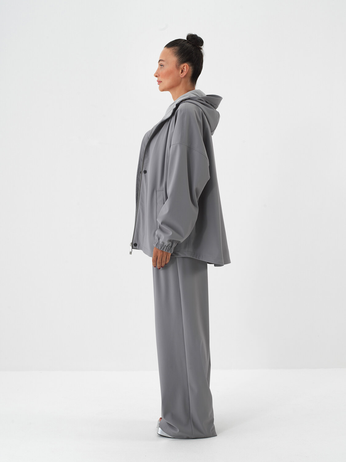 Gri Esnek Dokulu Oversize Mont - Xint