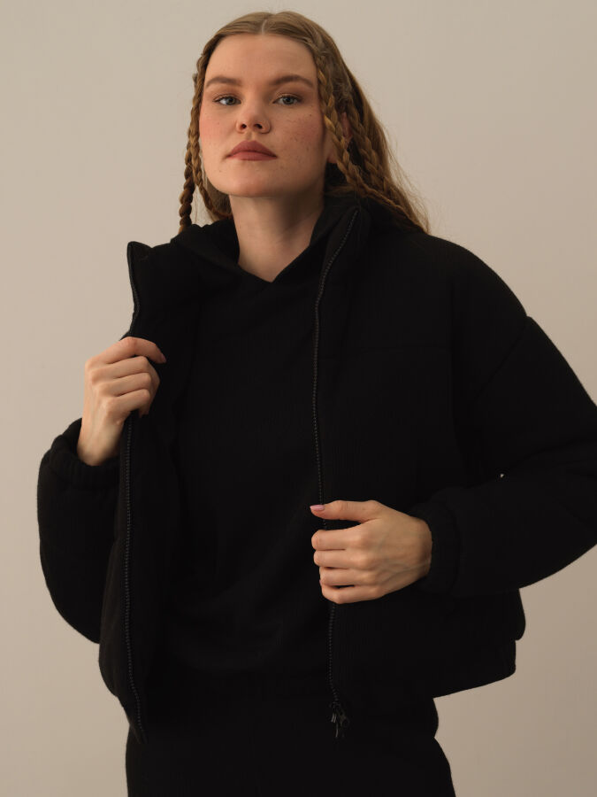 Siyah Pamuk Dokulu Oversize Mont - Xint