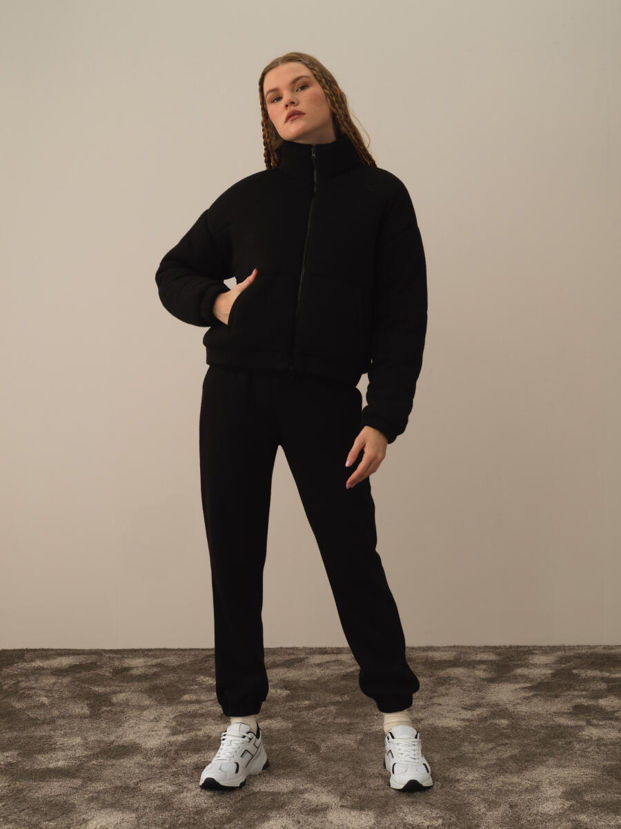 Siyah Pamuk Dokulu Oversize Mont