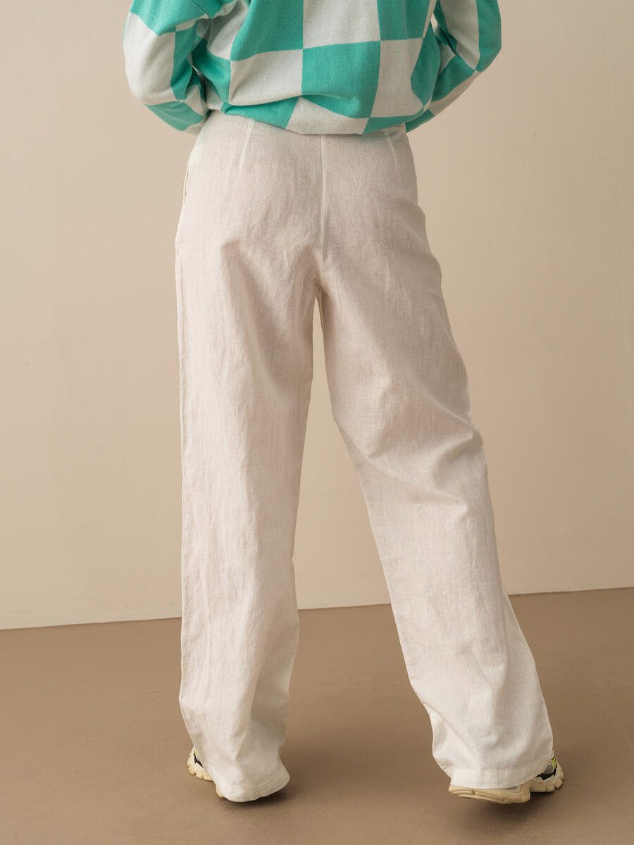 Beyaz Oversize Keten Pantolon - 3