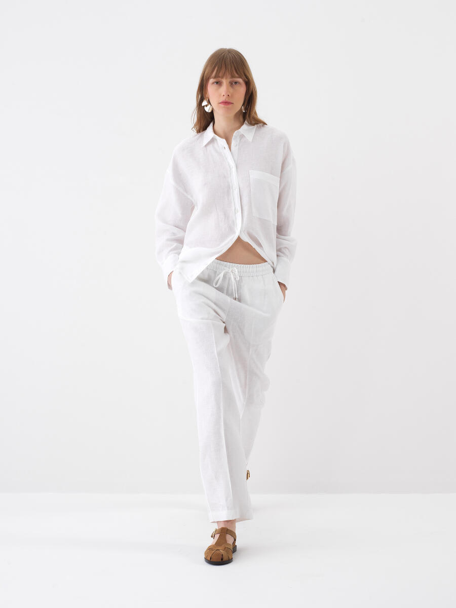 Beyaz Oversize Keten Pantolon - 2