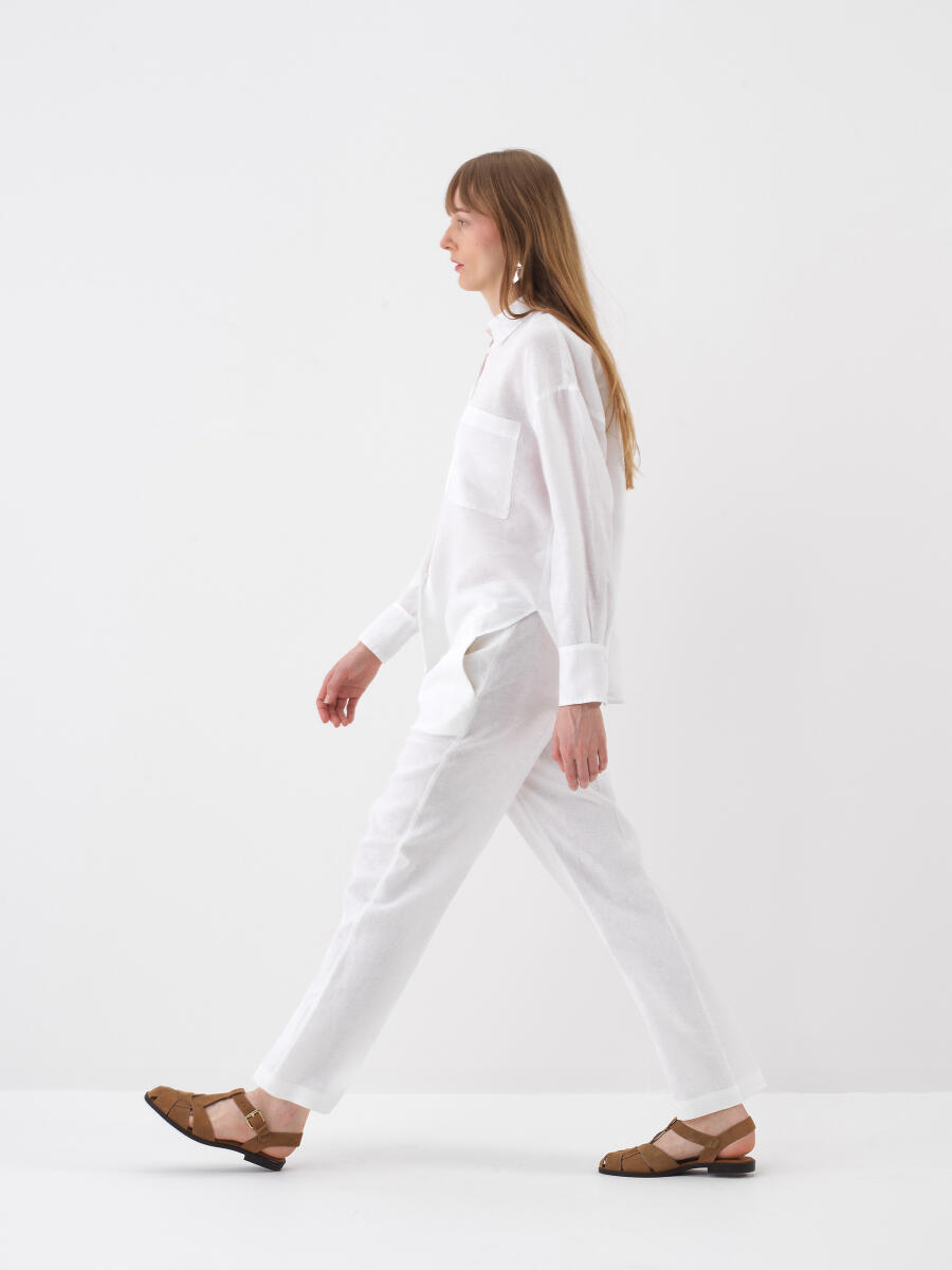 Beyaz Oversize Keten Pantolon - 3