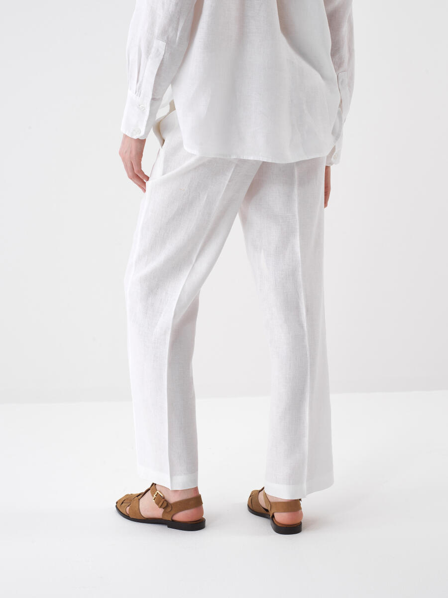 Beyaz Oversize Keten Pantolon - 4