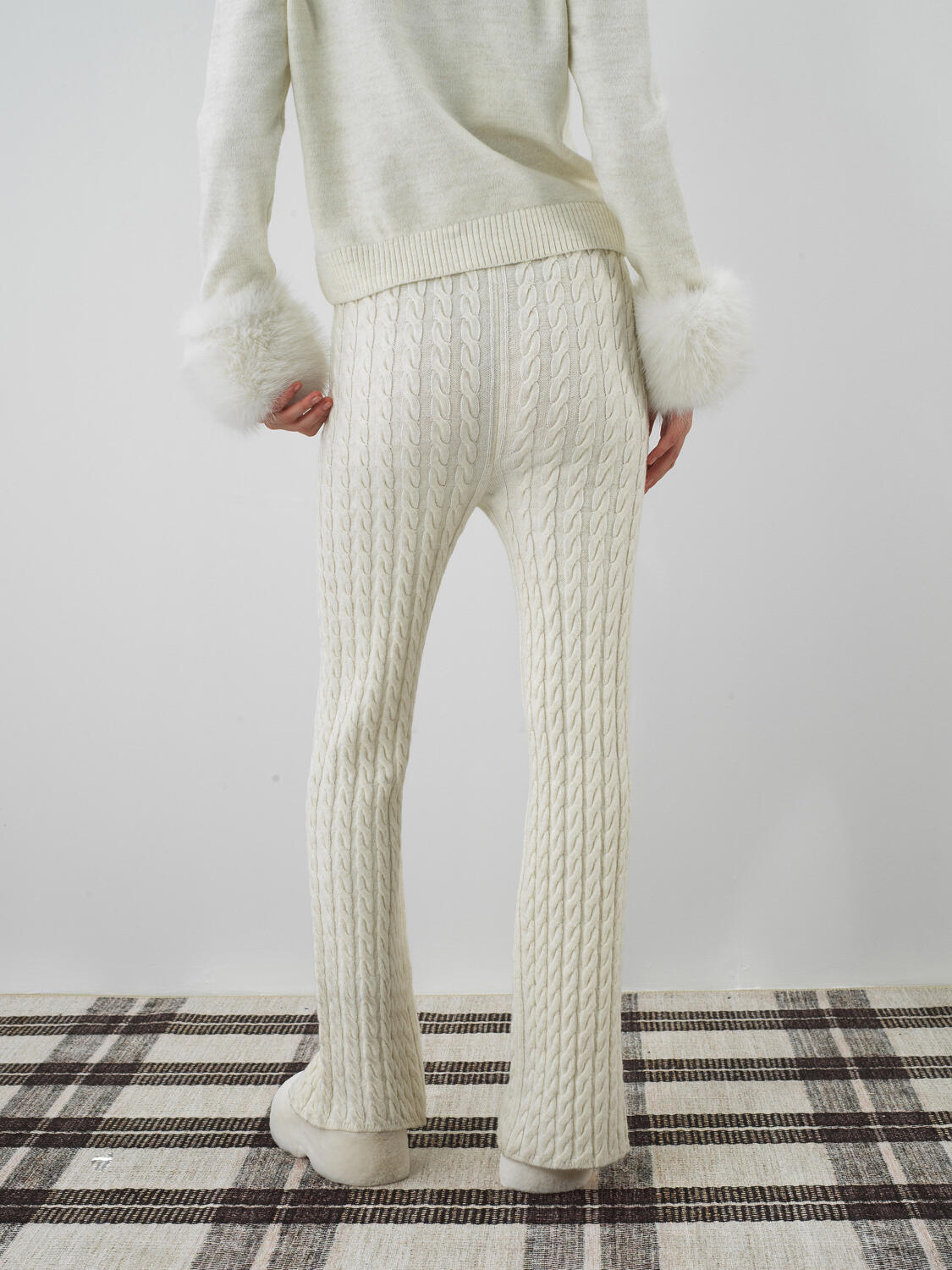 Ekru Doğal Yün Dokulu Oversize Pantolon - 4