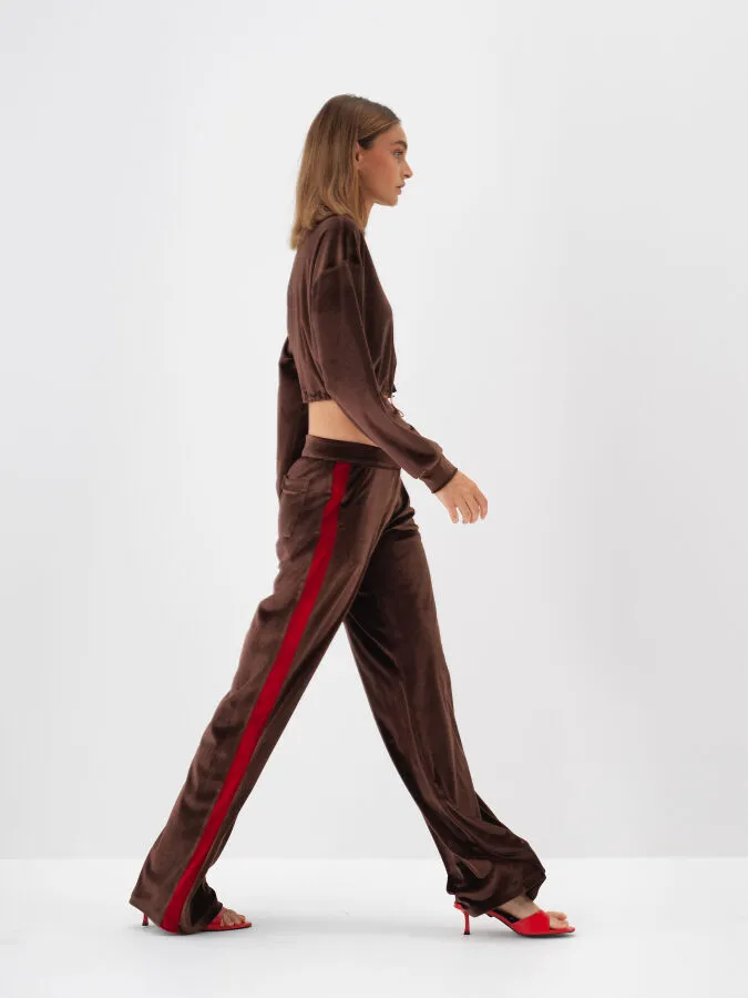 Kahverengi Lüks Dokulu Soft Kadife Oversize Pantolon - Xint