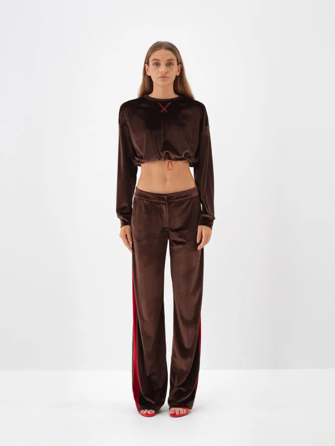 Kahverengi Lüks Dokulu Soft Kadife Oversize Pantolon - Xint