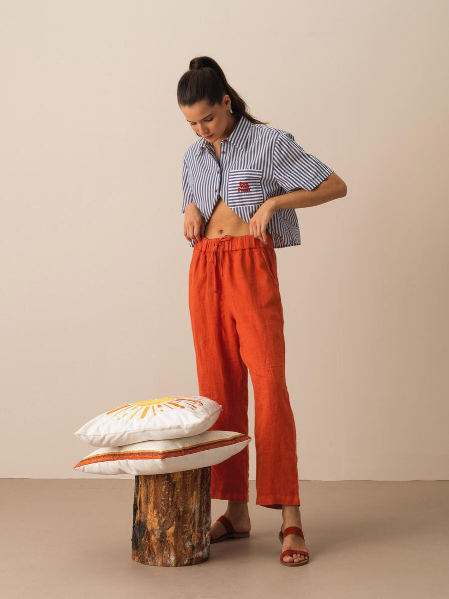 Kiremit Rengi Regular Fit Keten Pantolon - 3