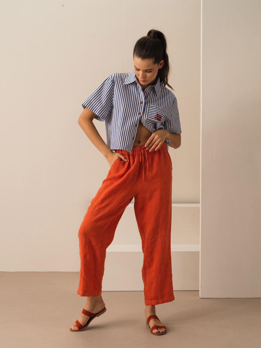 Kiremit Rengi Regular Fit Keten Pantolon - 2