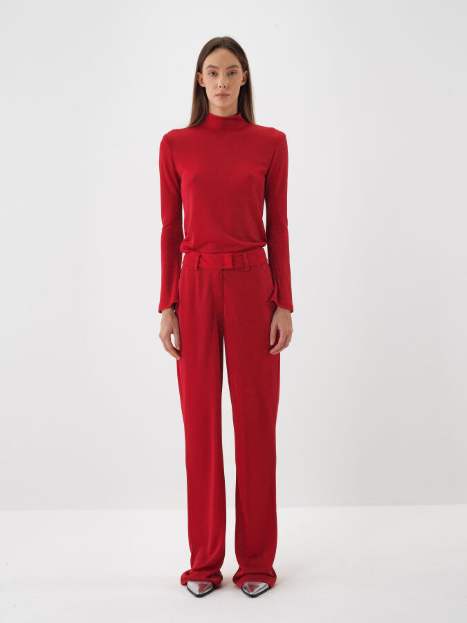 Kırmızı Işıltılı Sim Detaylı Regular Fit Pantolon - Xint