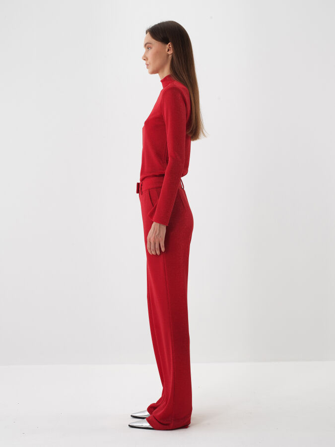 Kırmızı Işıltılı Sim Detaylı Regular Fit Pantolon - Xint