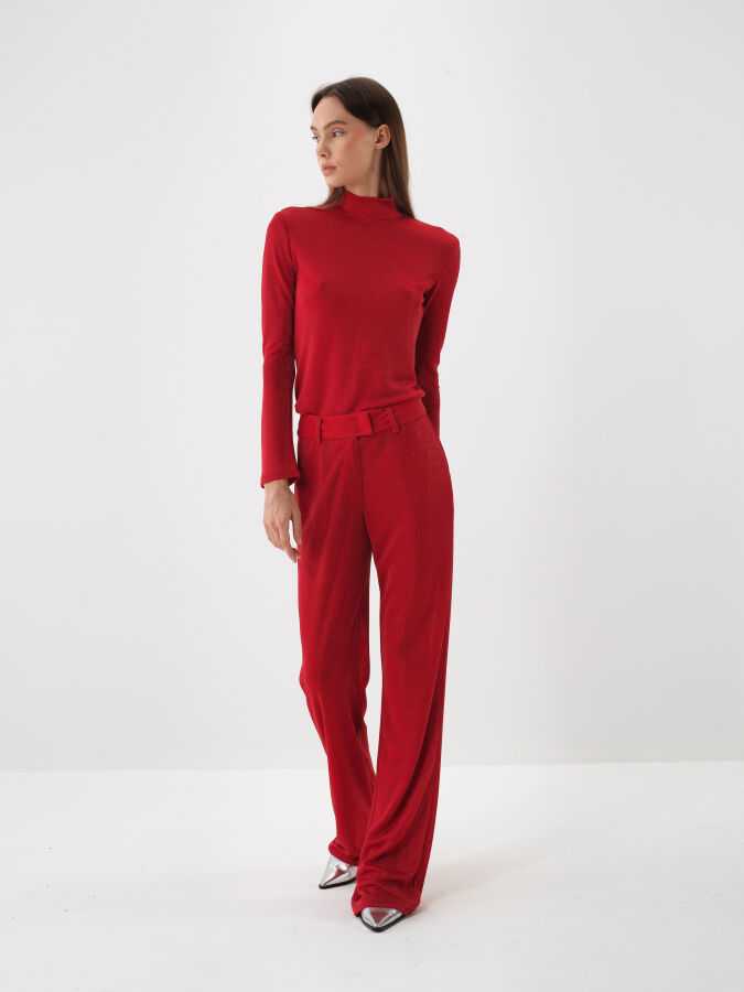 Kırmızı Işıltılı Sim Detaylı Regular Fit Pantolon - Xint