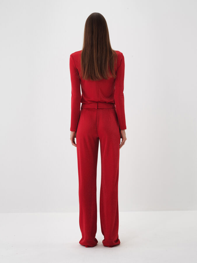 Kırmızı Işıltılı Sim Detaylı Regular Fit Pantolon - Xint