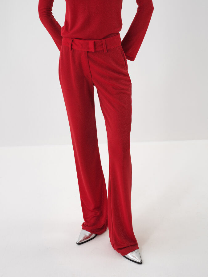 Kırmızı Işıltılı Sim Detaylı Regular Fit Pantolon - Xint