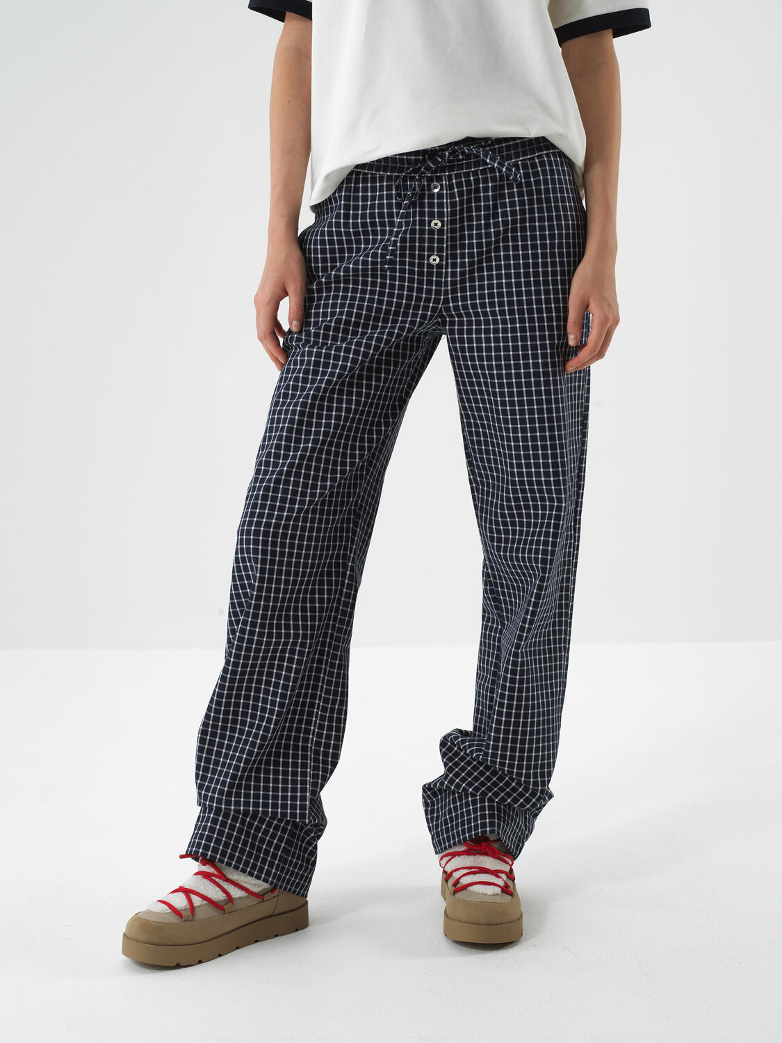 Lacivert Modern Ekose Oversize Pantolon