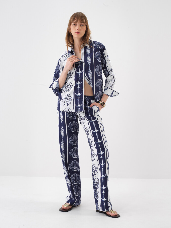 Lacivert Oversize Keten Pantolon - Xint