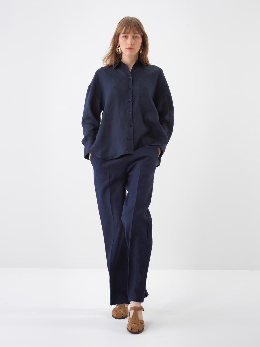 Lacivert Oversize Keten Pantolon - 2