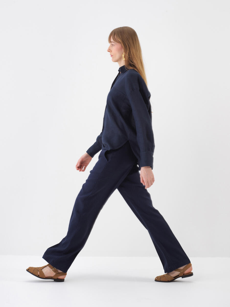 Lacivert Oversize Keten Pantolon - 3