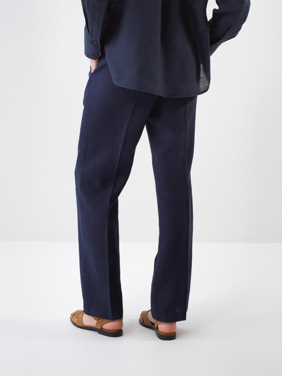 Lacivert Oversize Keten Pantolon - 4