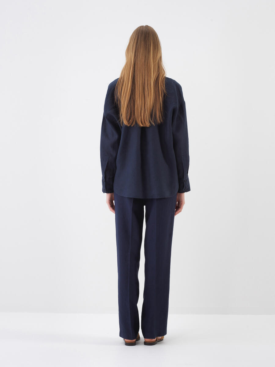 Lacivert Oversize Keten Pantolon - 5