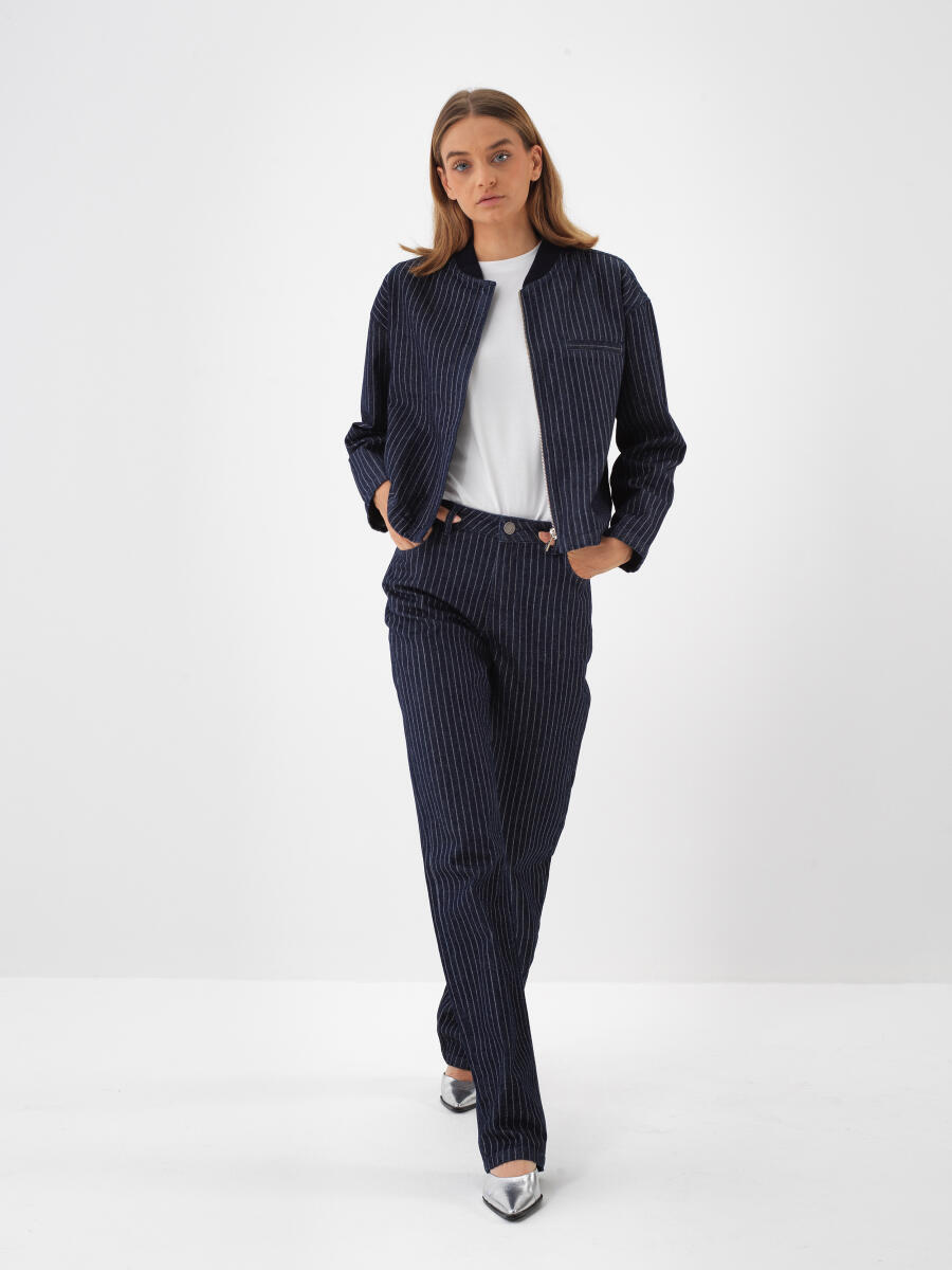 Lacivert Pamuk Dokulu Oversize Pantolon - 2