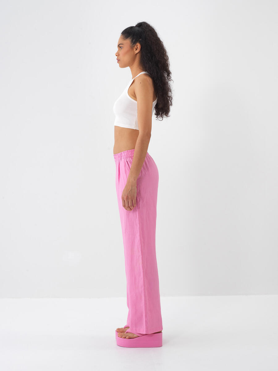 Pembe Regular Fit Keten Pantolon - 4