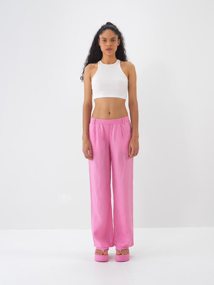 Pembe Regular Fit Keten Pantolon - 2