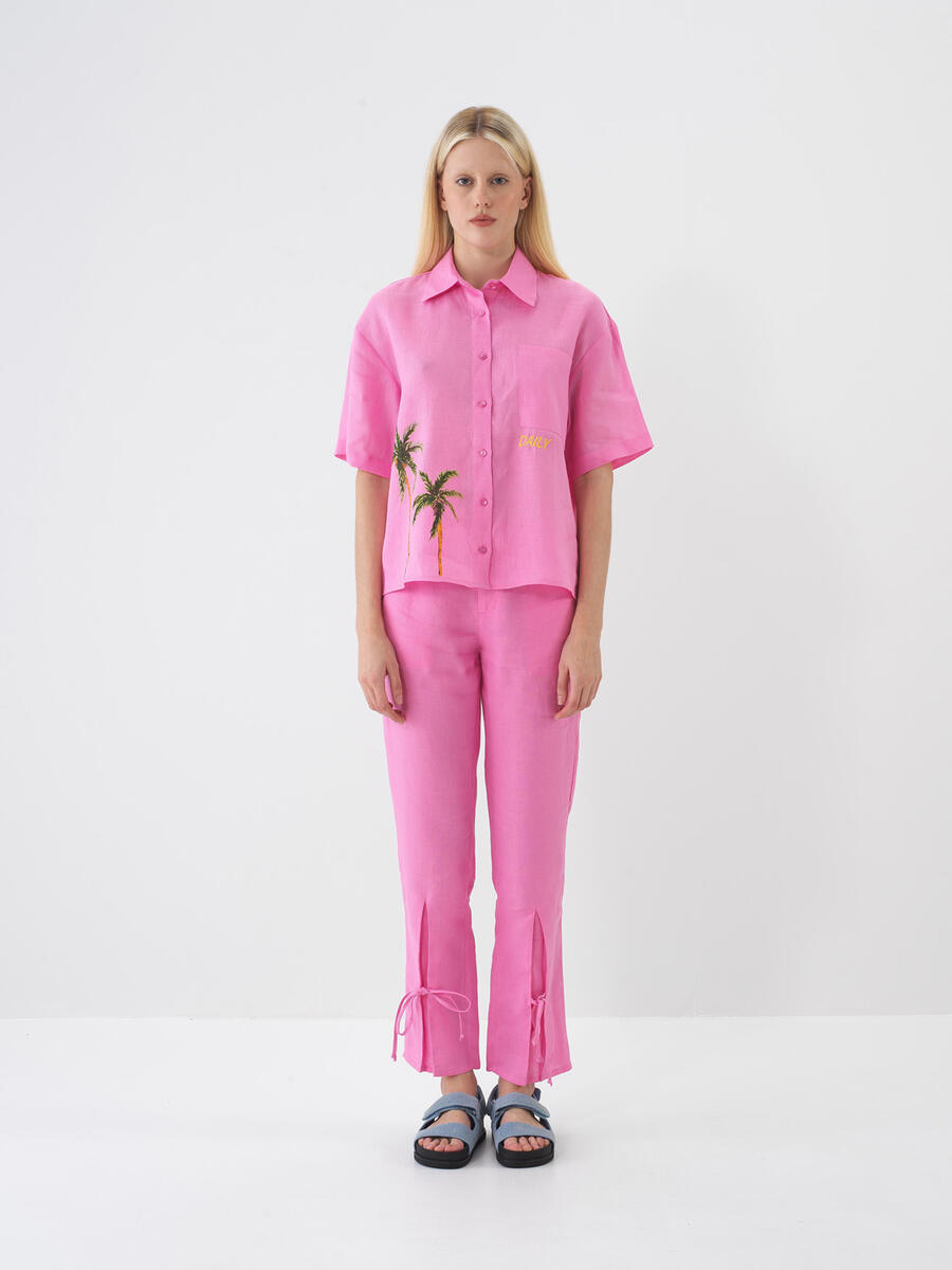 Pembe Regular Fit Keten Pantolon