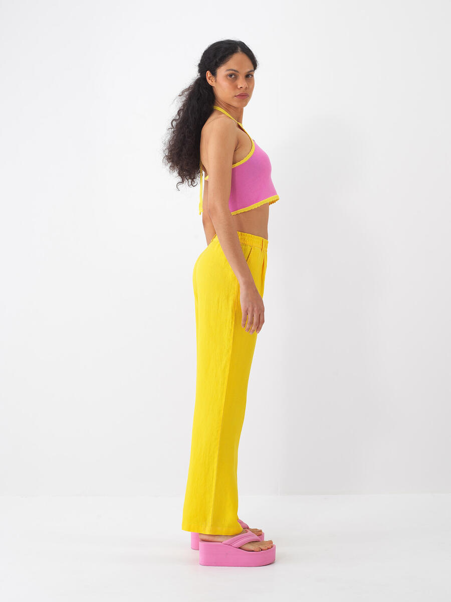Sarı Regular Fit Keten Pantolon - 3