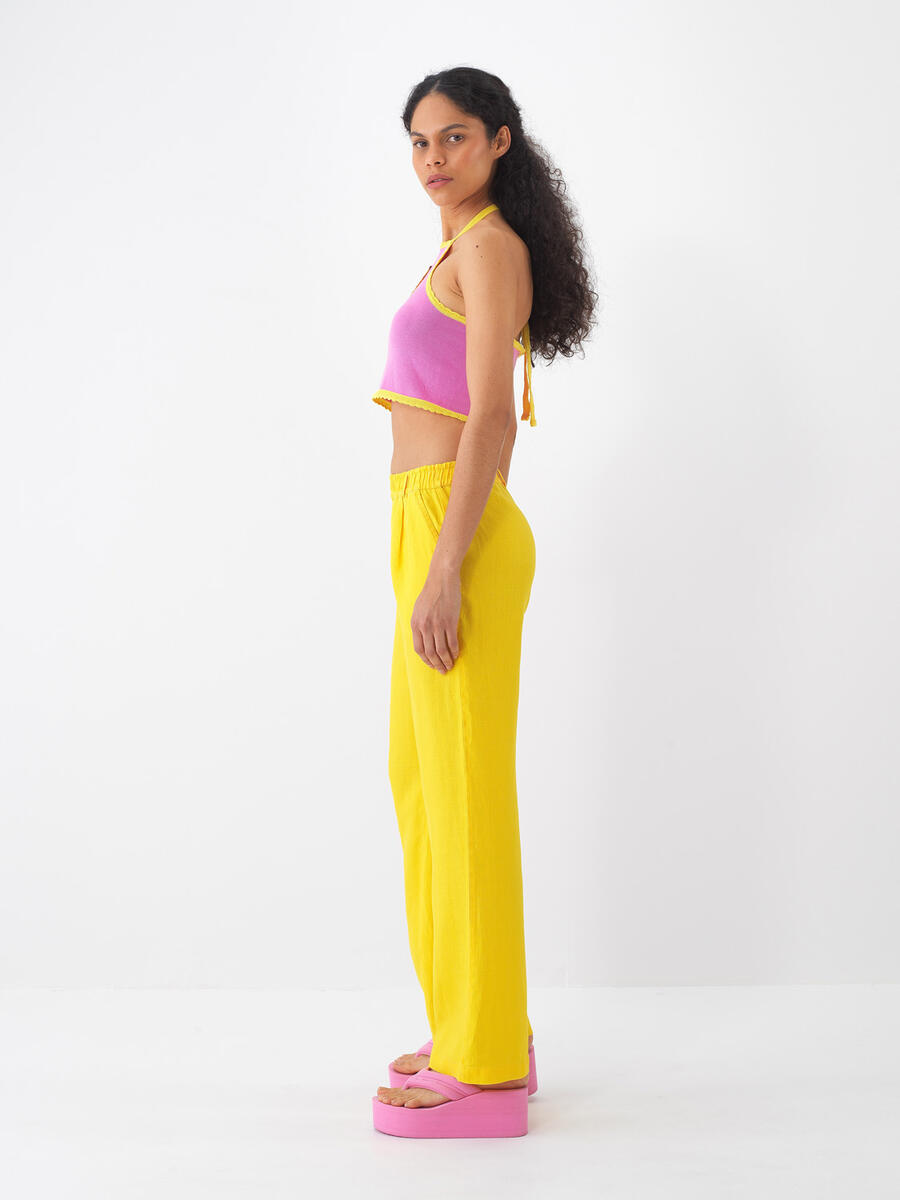 Sarı Regular Fit Keten Pantolon - 4