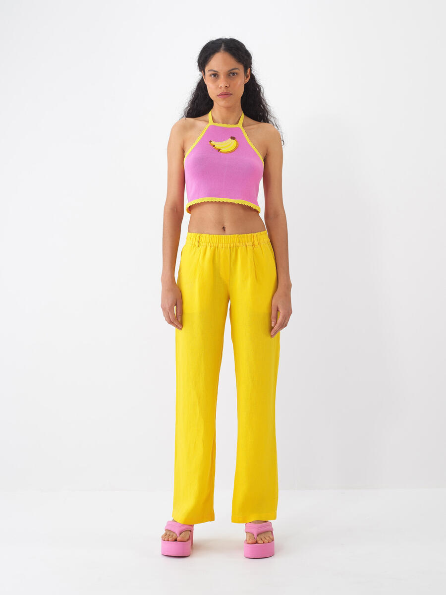 Sarı Regular Fit Keten Pantolon - 2