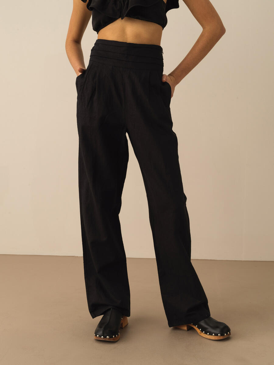 Siyah Oversize Keten Pantolon