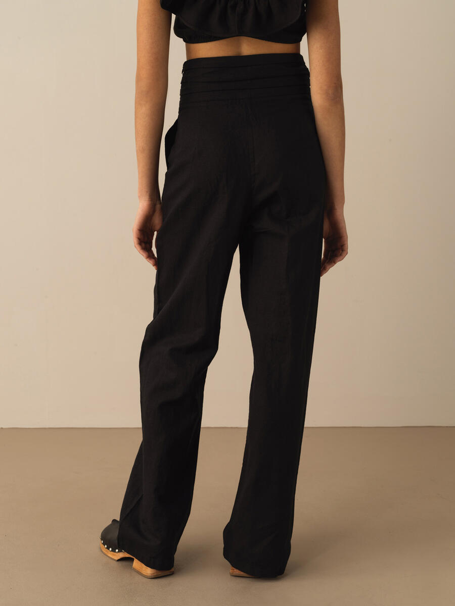 Siyah Oversize Keten Pantolon - 3