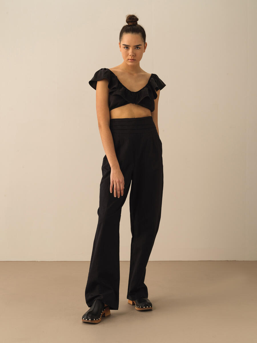 Siyah Oversize Keten Pantolon - 2