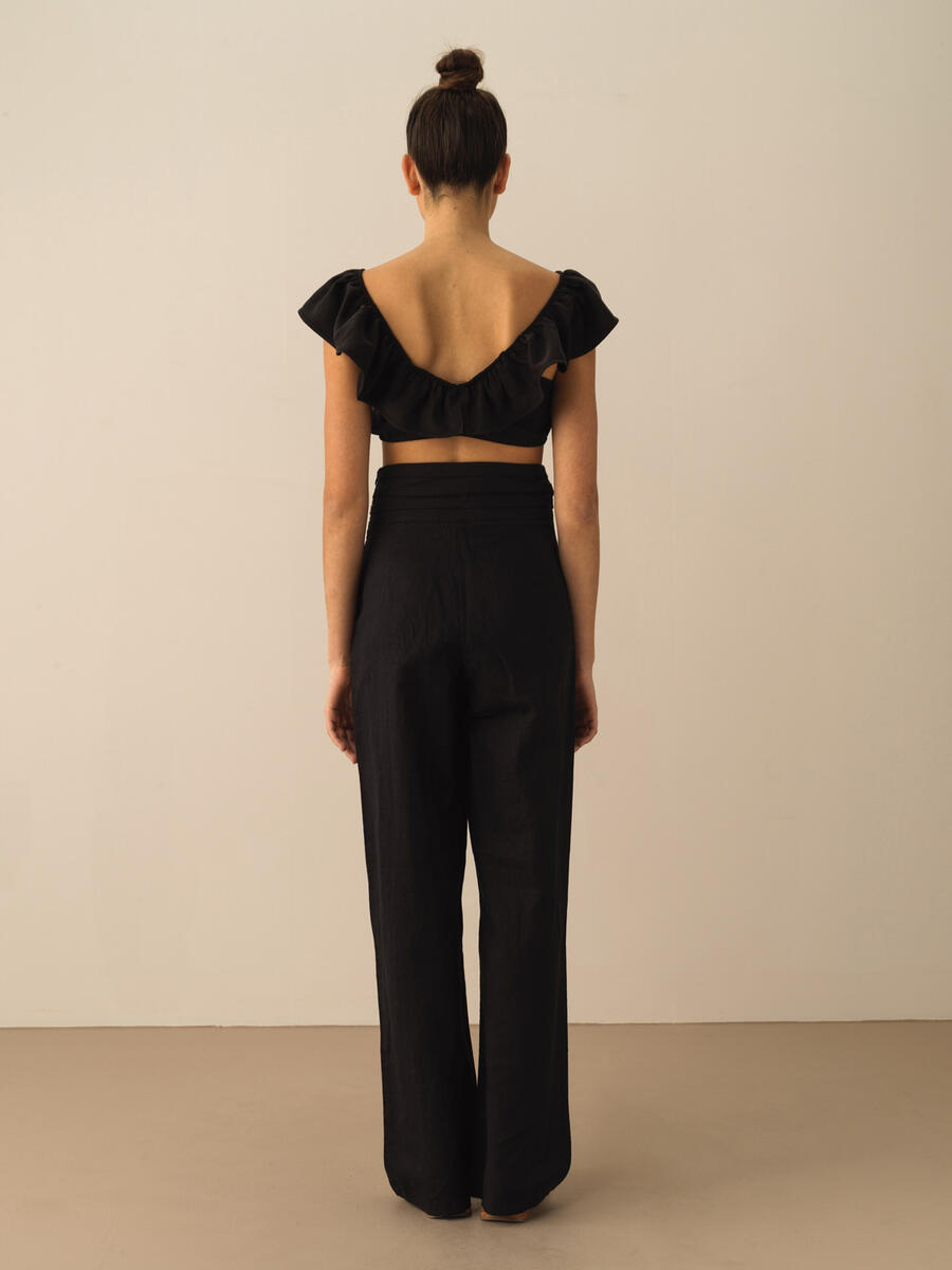 Siyah Oversize Keten Pantolon - 4