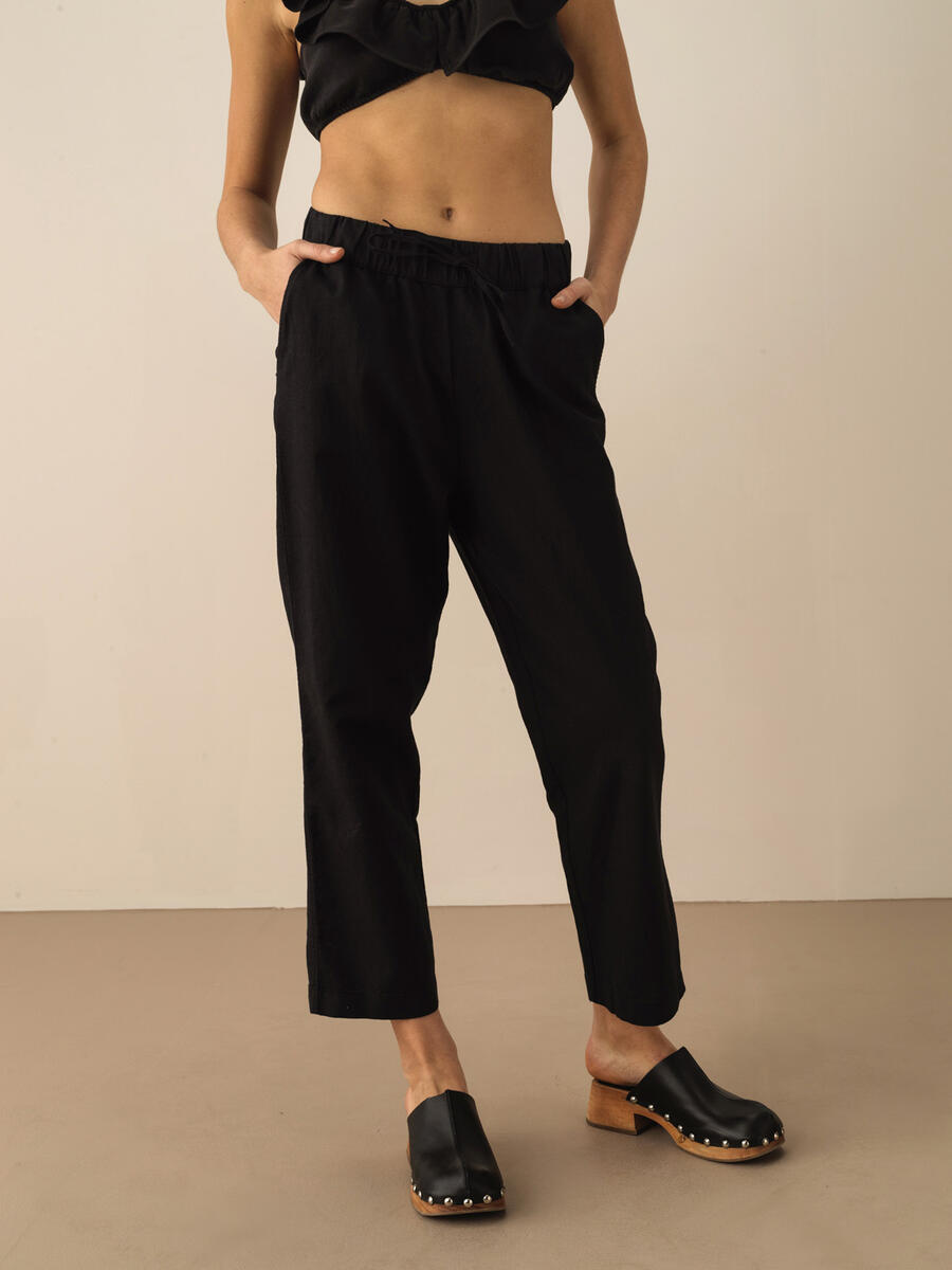 Siyah Regular Fit Keten Pantolon