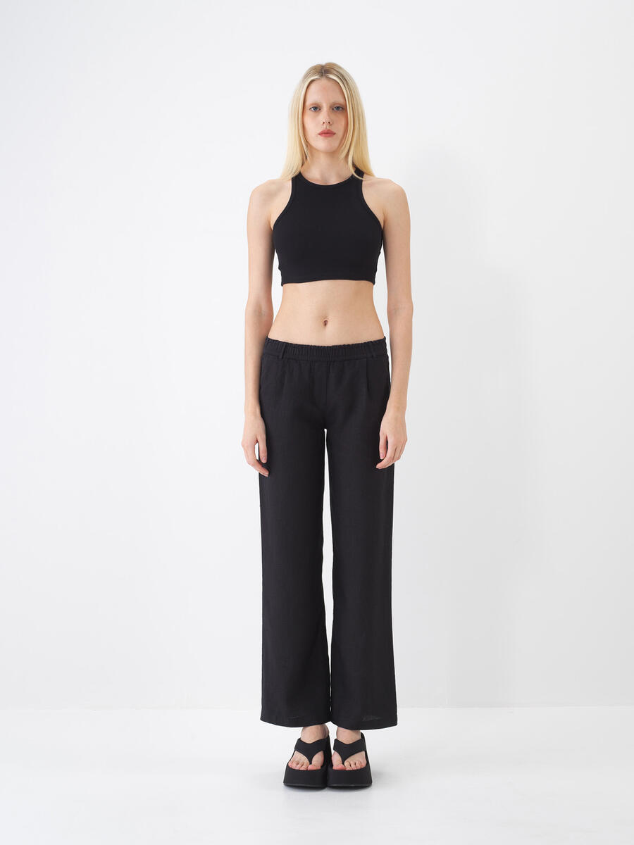 Siyah Regular Fit Keten Pantolon - 2
