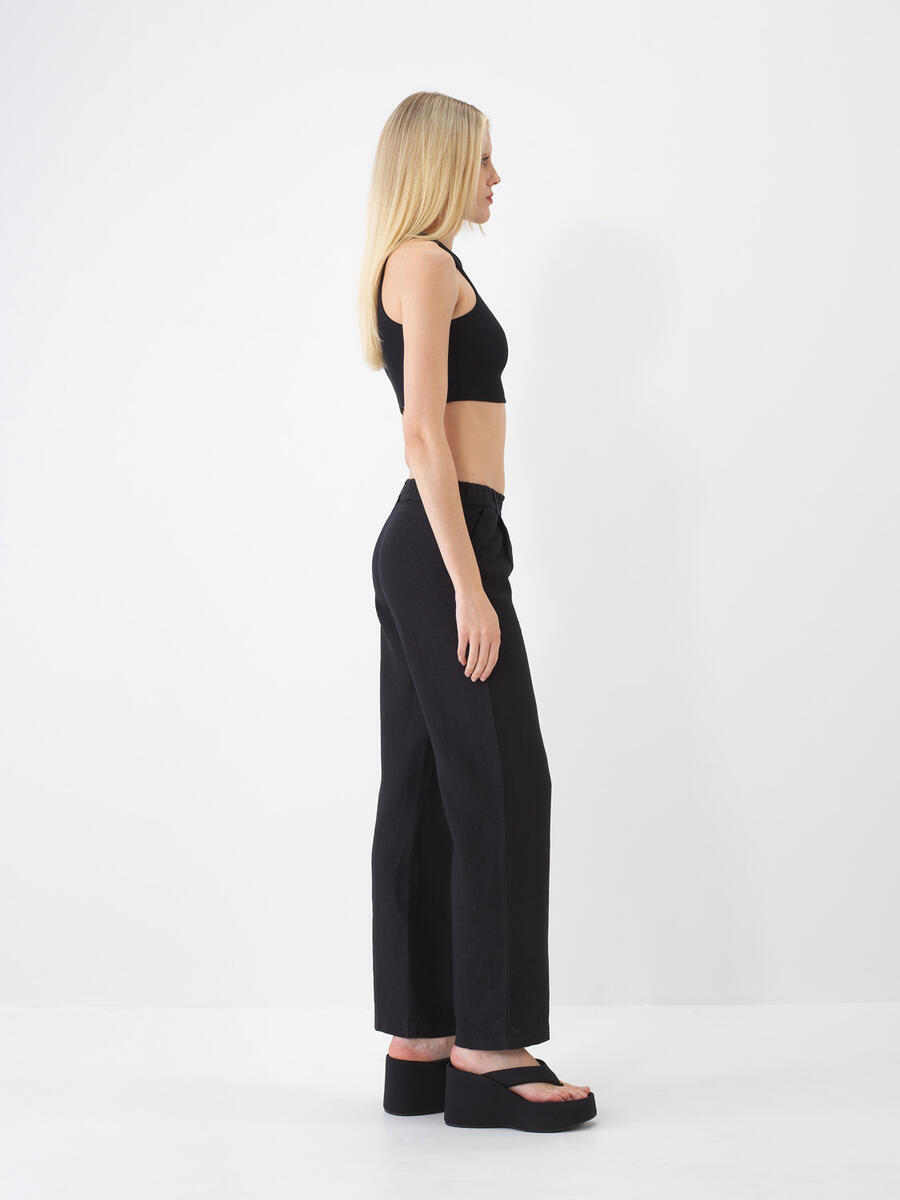 Siyah Regular Fit Keten Pantolon