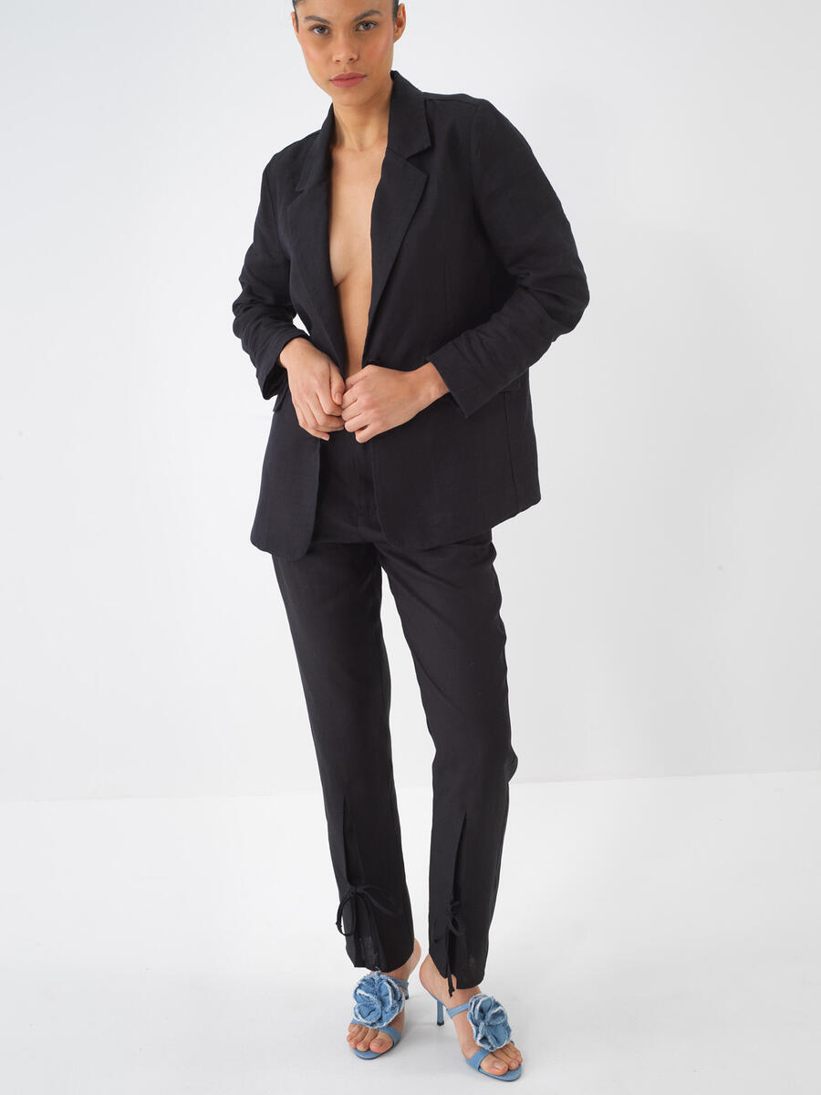 Siyah Regular Fit Keten Basic Pantolon - 3