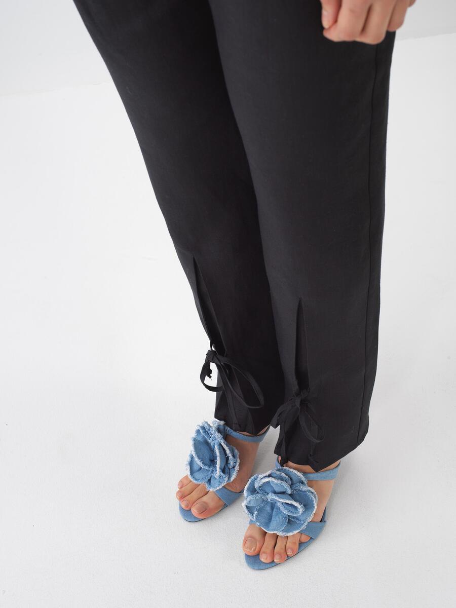 Siyah Regular Fit Keten Basic Pantolon - 4
