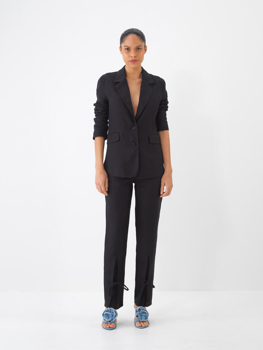 Siyah Regular Fit Keten Basic Pantolon - 2
