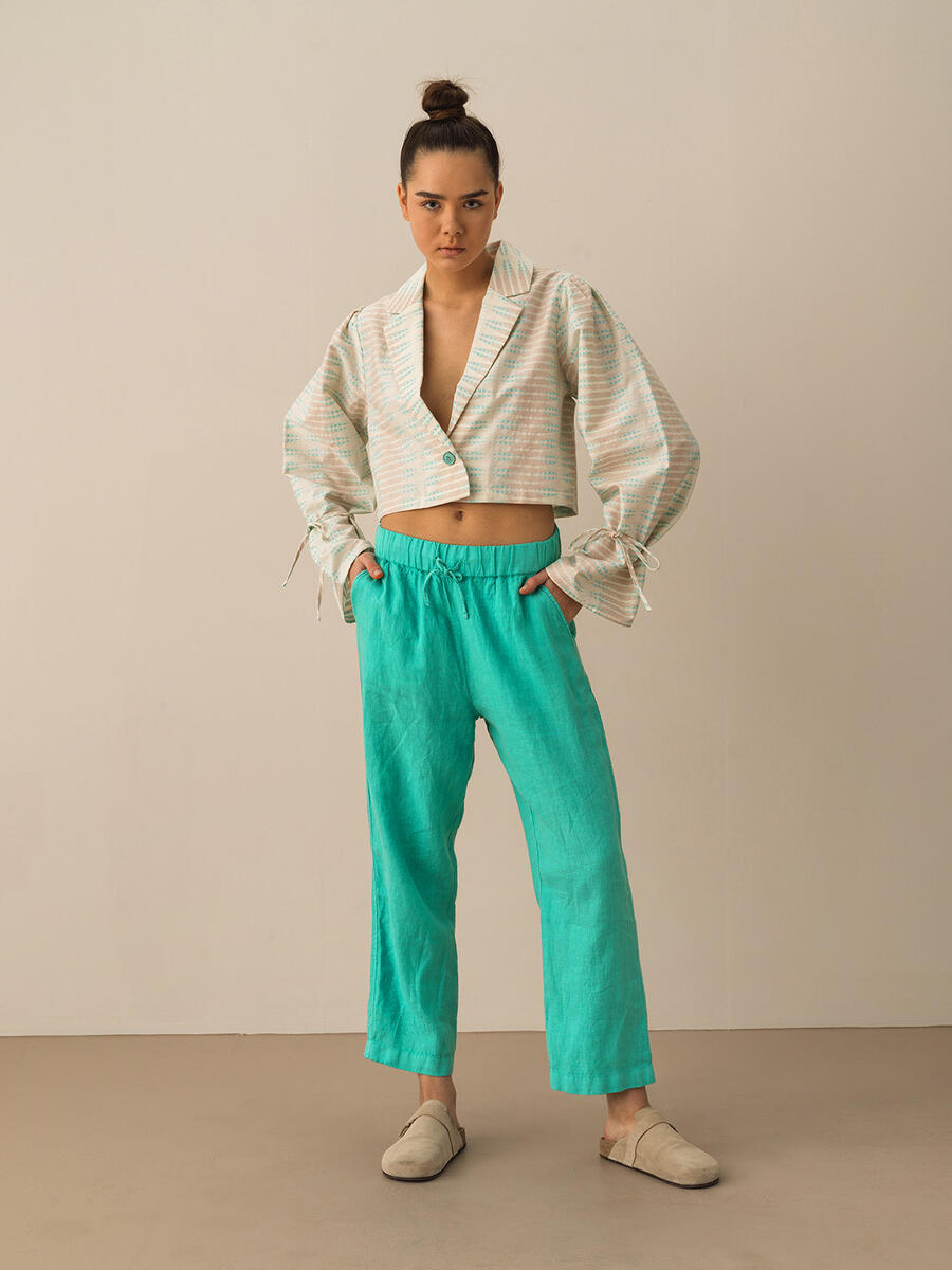 Turkuaz Regular Fit Keten Pantolon - 2